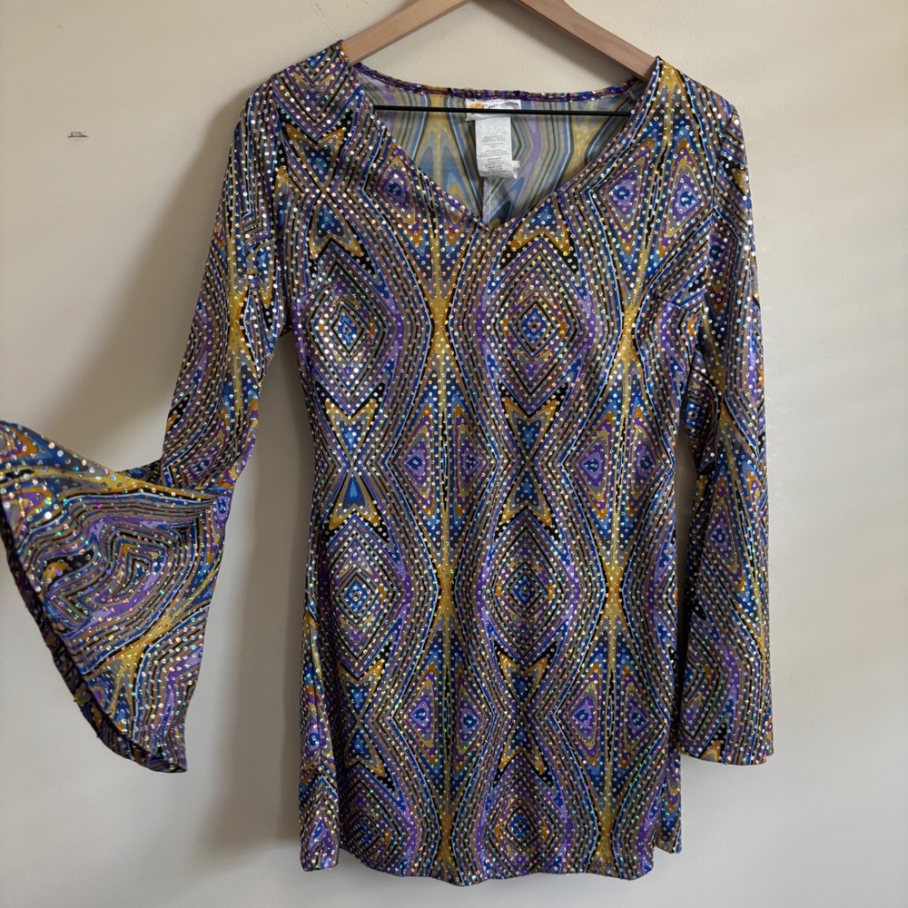California Costumes Disco Mini Dress Purple Gold Geometric Sequin Bell Sleeve S